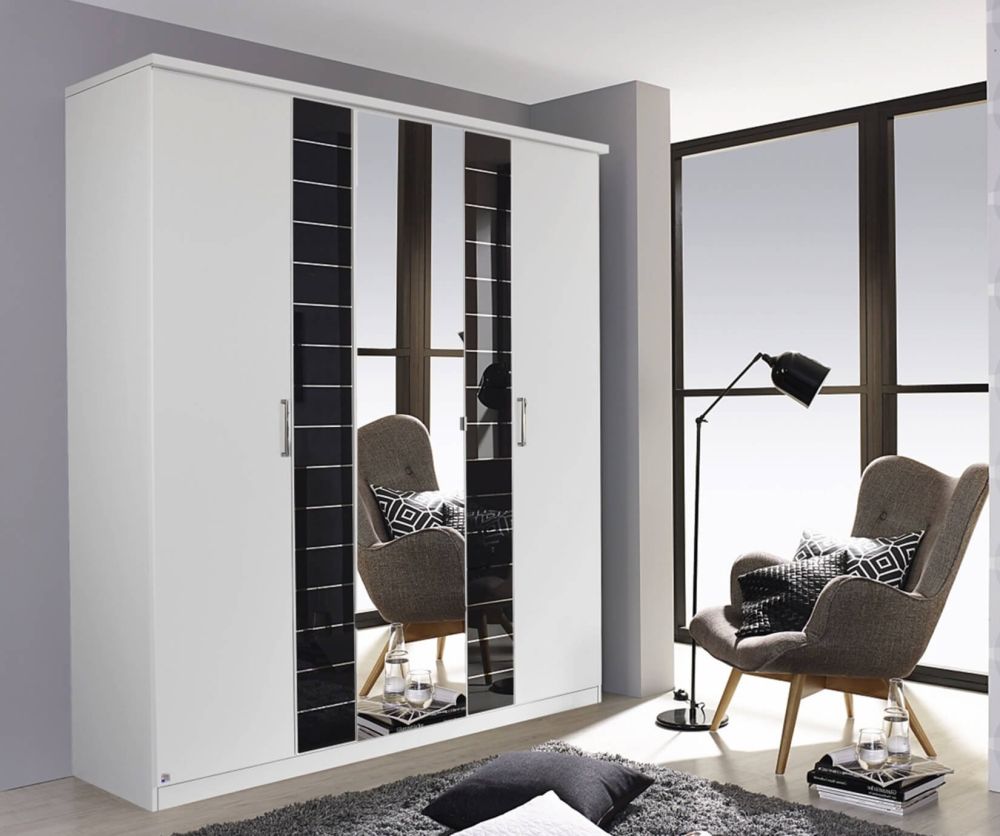 Rauch Terano Alpine White with Basalt Glass Overlay 5 Door 2 Drawer and 1 Mirror Wardrobe (W181cm)