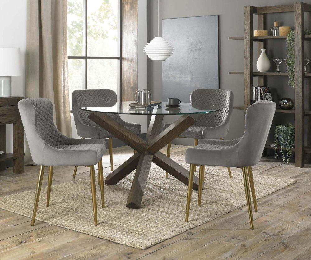 Bentley Designs Turin Dark Oak Circular Glass Dining Table and 4 Cezanne Grey Velvet Fabric Chairs with Matt Gold Legs