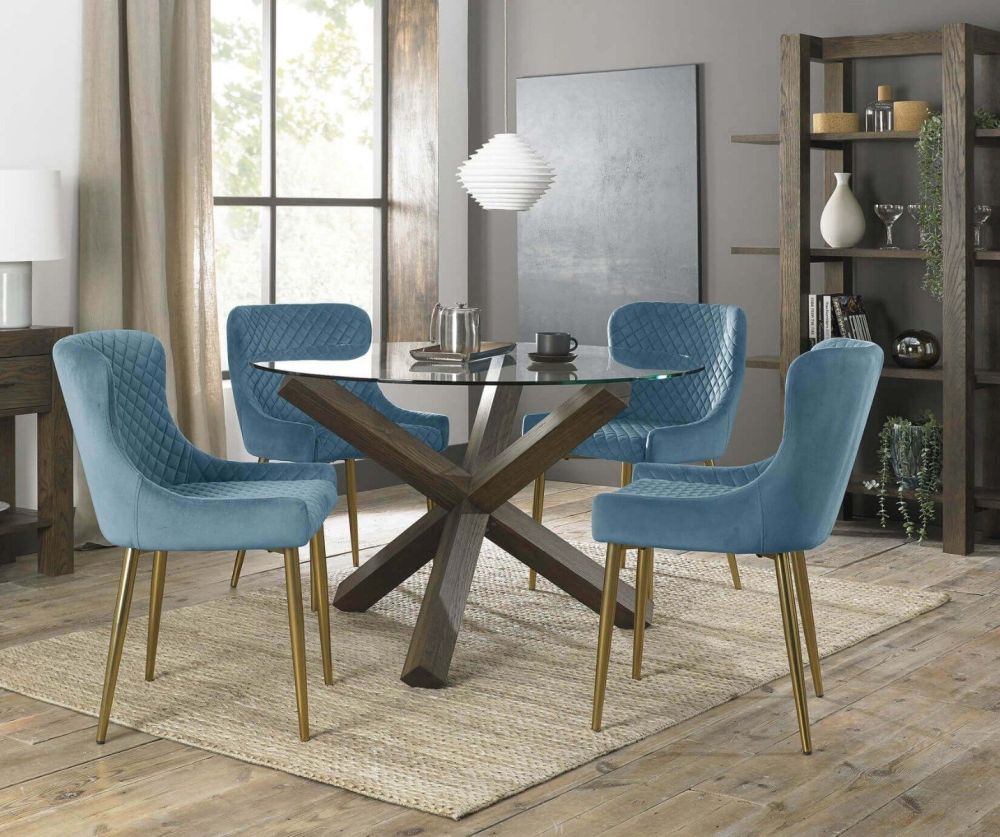 Bentley Designs Turin Dark Oak Circular Glass Dining Table and 4 Cezanne Petrol Blue Velvet Fabric Chairs with Matt Gold Legs