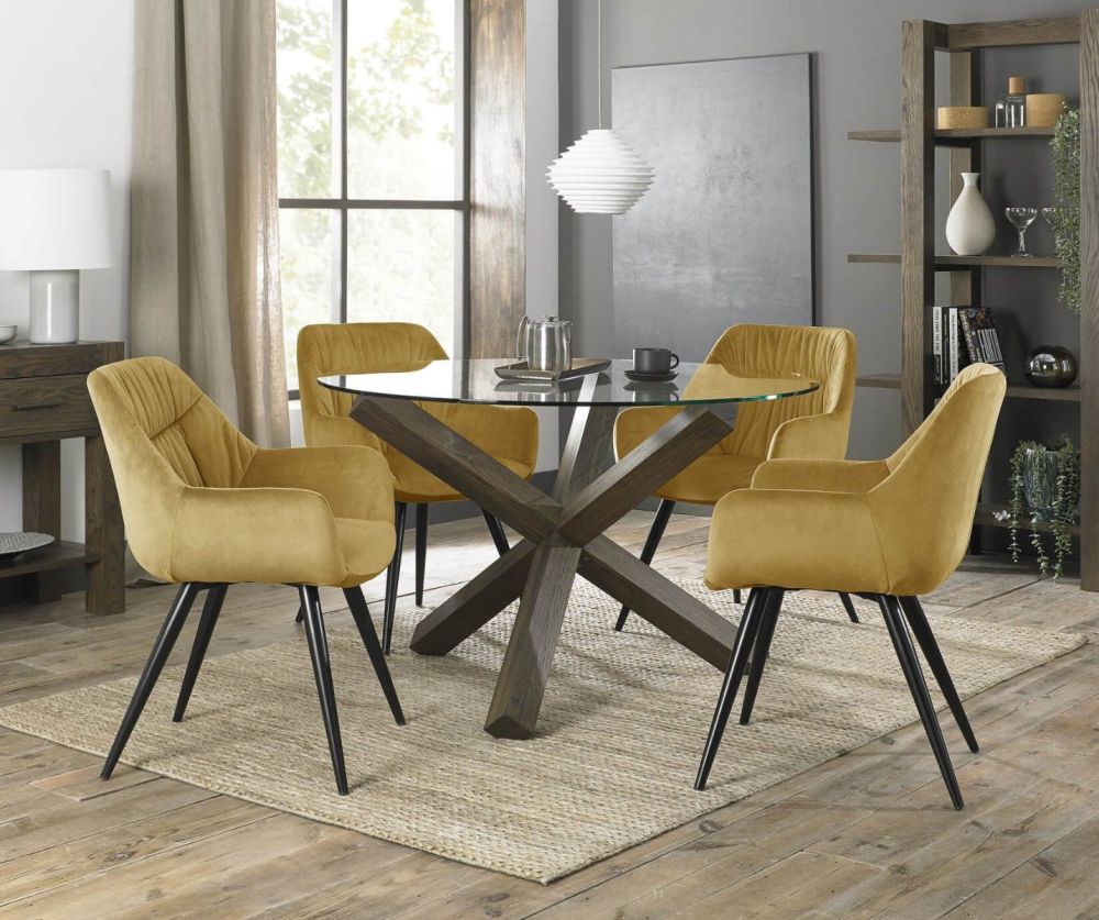 Bentley Designs Turin Dark Oak Circular Glass Dining Table and 4 Dali Mustard Velvet Fabric Chairs with Sand Black Legs