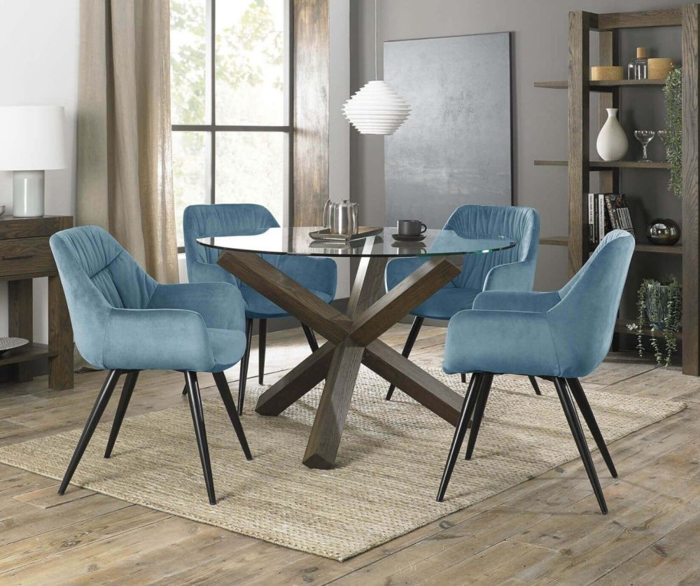 Bentley Designs Turin Dark Oak Circular Glass Dining Table and 4 Dali Petrol Blue Velvet Fabric Chairs with Sand Black Legs