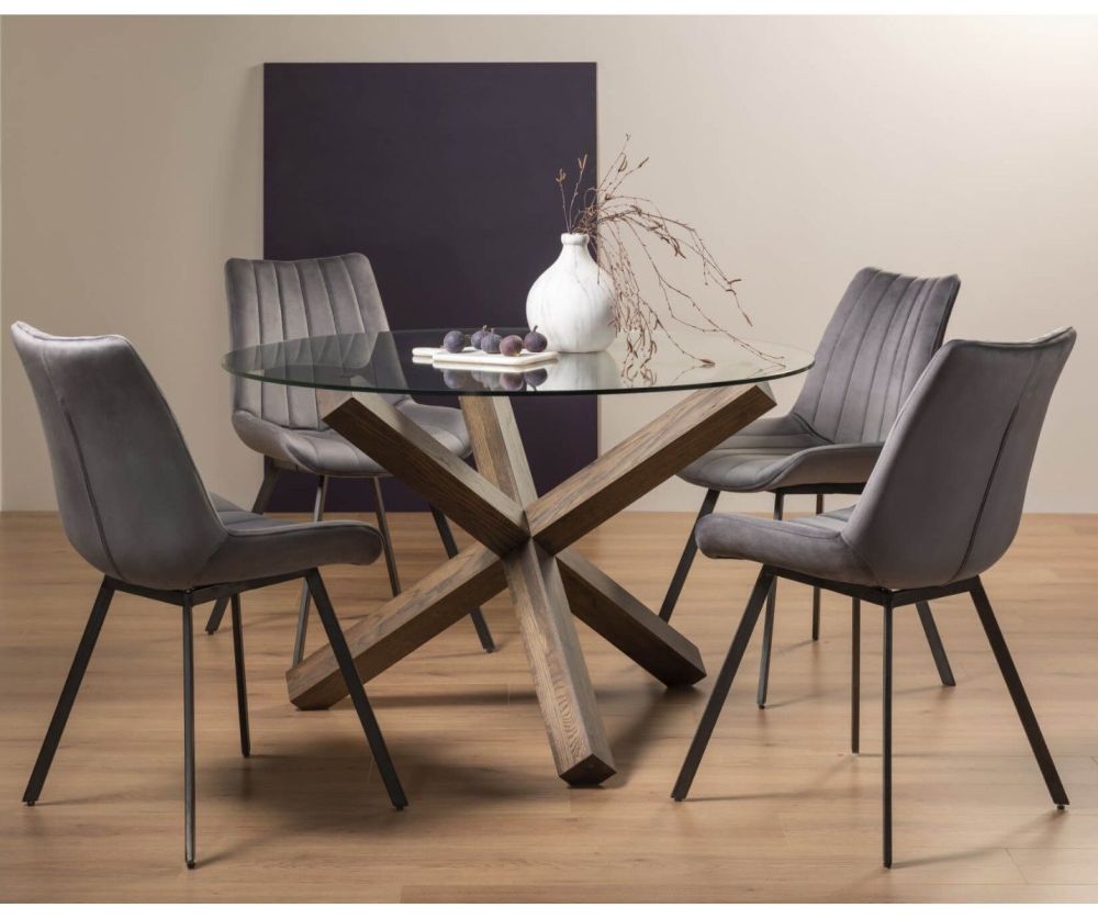 Bentley Designs Turin Dark Oak Circular Glass Dining Table and 4 Fontana Grey Velvet Fabric Chairs with Black Legs