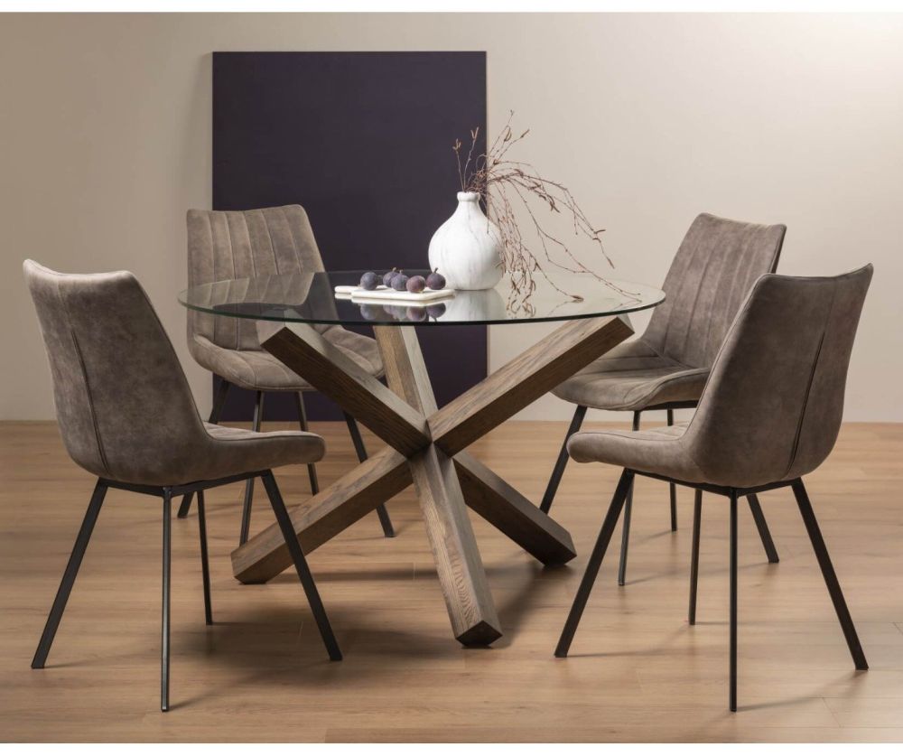 Bentley Designs Turin Dark Oak Circular Glass Dining Table and 4 Fontana Tan Faux Suede Fabric Chairs with Black Legs