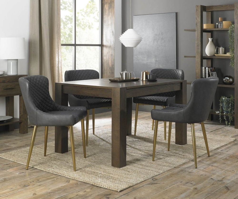 Bentley Designs Turin Dark Oak Small Dining Table and 4 Cezanne Dark Grey Faux Leather Chairs with Matt Gold Legs