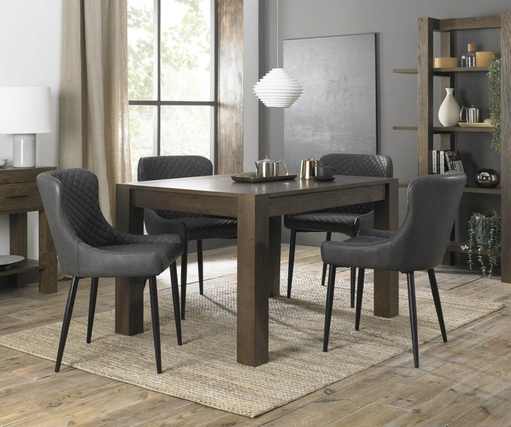 Bentley Designs Turin Dark Oak Small Dining Table and 4 Cezanne Dark Grey Faux Leather Chairs with Sand Black Legs