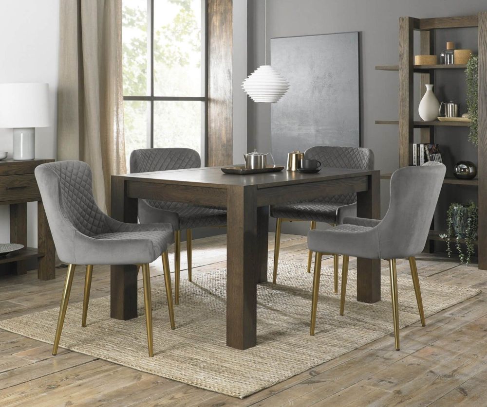 Bentley Designs Turin Dark Oak Small Dining Table and 4 Cezanne Grey Velvet Fabric Chairs with Matt Gold Legs