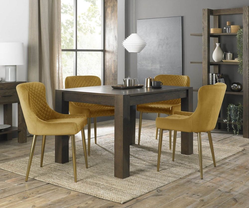 Bentley Designs Turin Dark Oak Small Dining Table and 4 Cezanne Mustard Velvet Fabric Chairs with Matt Gold Legs