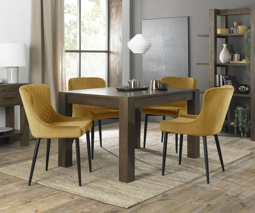 Bentley Designs Turin Dark Oak Small Dining Table and 4 Cezanne Mustard Velvet Fabric Chairs with Sand Black Legs