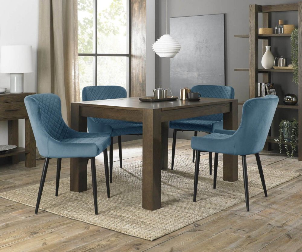 Bentley Designs Turin Dark Oak Small Dining Table and 4 Cezanne Petrol Blue Velvet Fabric Chairs with Sand Black Legs