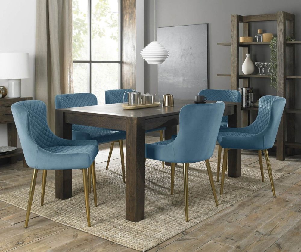 Bentley Designs Turin Dark Oak Small Dining Table and 4 Cezanne Petrol Blue Velvet Fabric Chairs with Matt Gold Legs