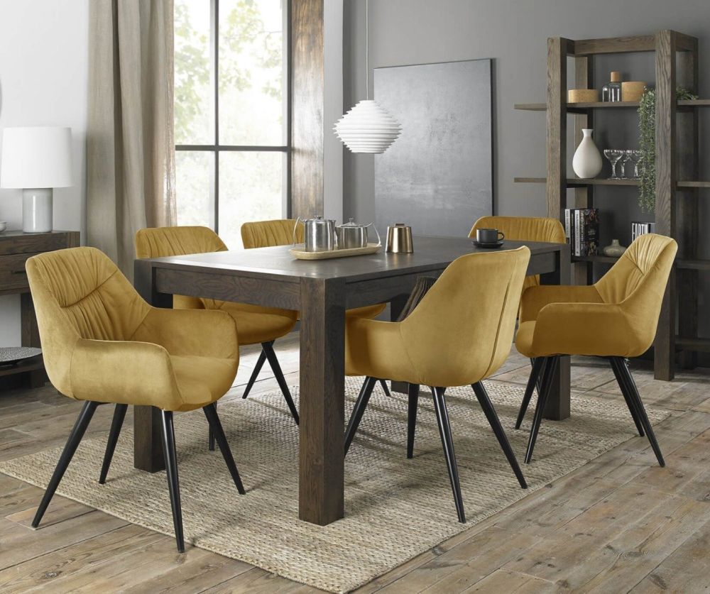 Bentley Designs Turin Dark Oak Medium Dining Table and 6 Dali Mustard Velvet Fabric Chairs with Sand Black Legs
