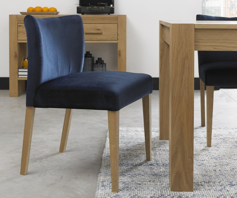 Bentley Designs Turin Light Oak Low Back Dark Blue Velvet Fabric Upholstered Chairs in Pair