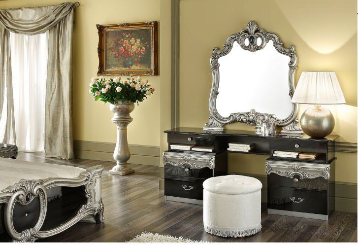 Camel Group Barocco Black and Silver Finish Italian Bedroom Set with Vanity Dresser