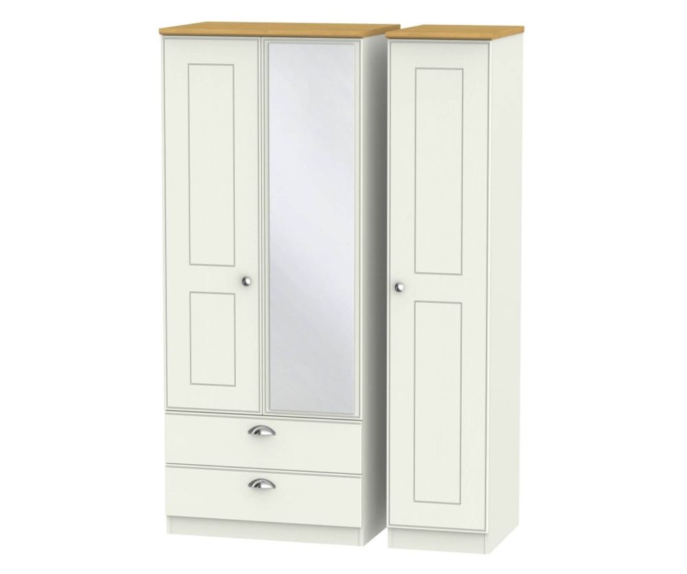 Welcome Furniture Victoria Cream Ash and Oak 3 Door 2 Left Drawer Mirror Triple Wardrobe