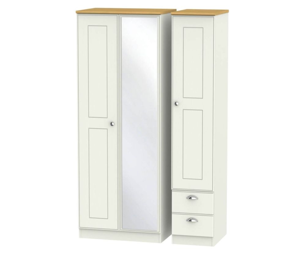 Welcome Furniture Victoria Cream Ash and Oak 3 Door 2 Right Drawer Tall Mirror Triple Wardrobe