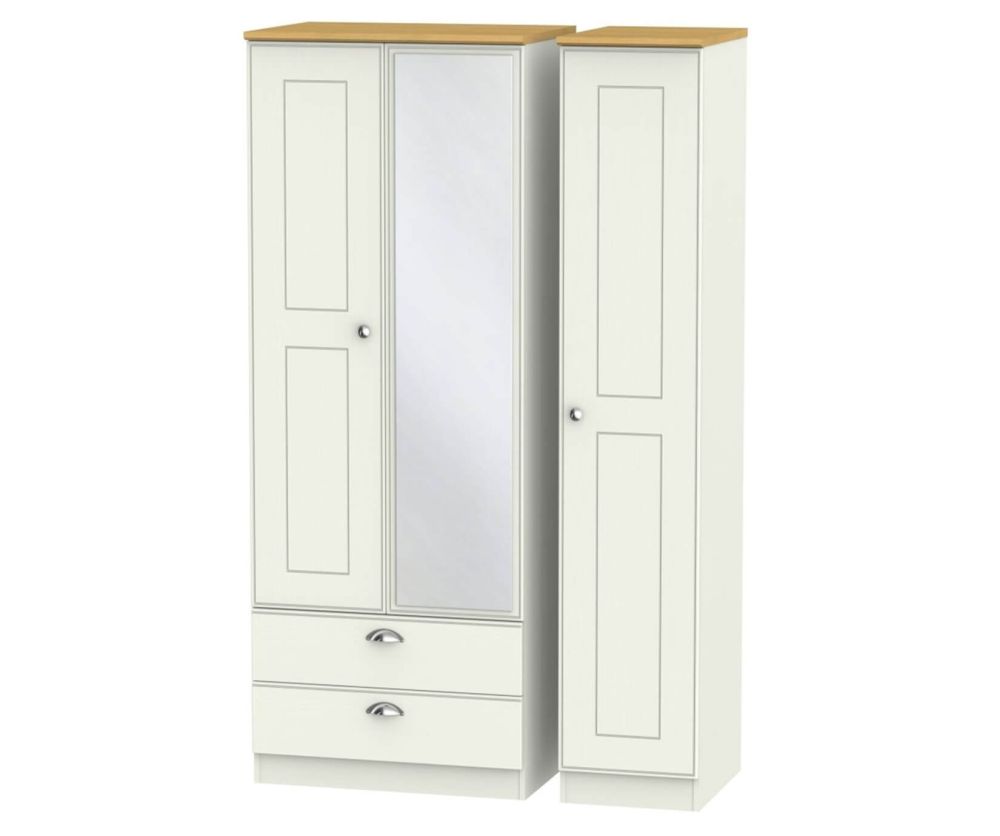 Welcome Furniture Victoria Cream Ash and Oak 3 Door 2 Left Drawer Tall Mirror Triple Wardrobe
