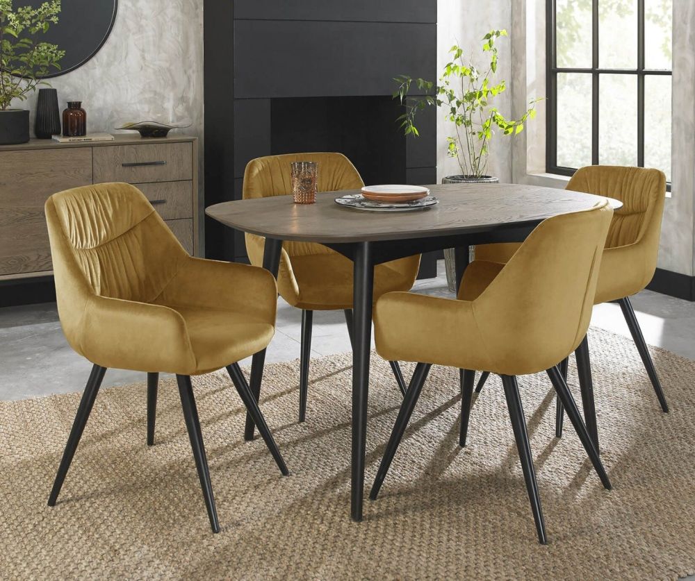 Bentley Designs Vintage 4 Seater Dining Table and 4 Dali Mustard Velvet Fabric Chairs with Sand Black Legs
