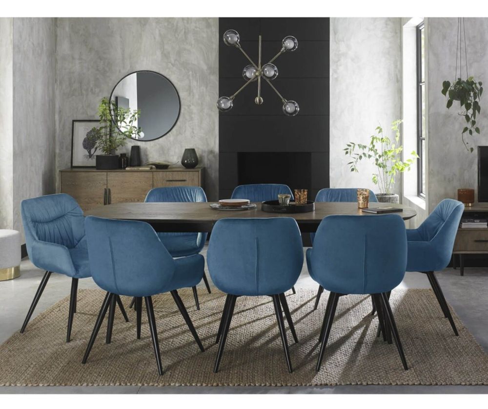 Bentley Designs Vintage 6-8 Seater Dining Table and 8 Dali Petrol Blue Velvet Fabric Chairs with Sand Black Legs