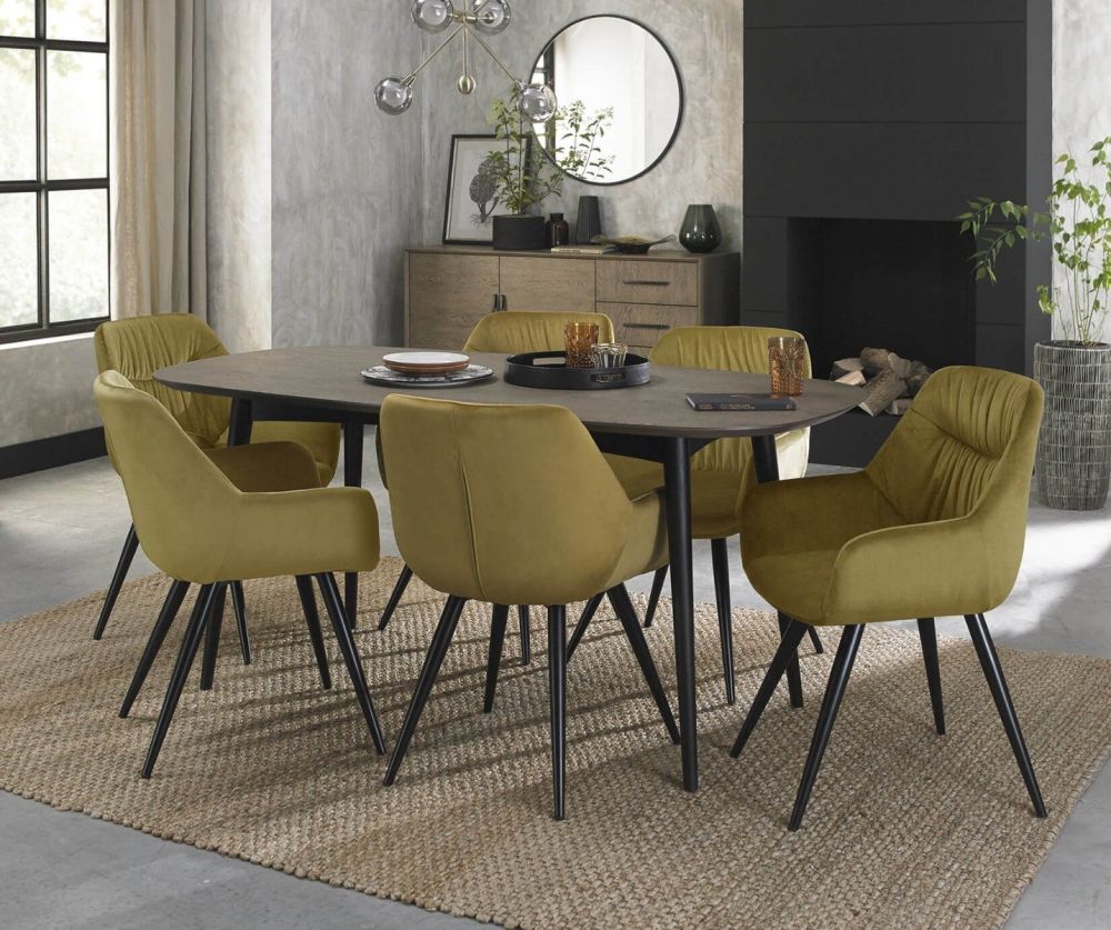 Bentley Designs Vintage 6 Seater Dining Table and 6 Dali Mustard Velvet Fabric Chairs with Sand Black Legs