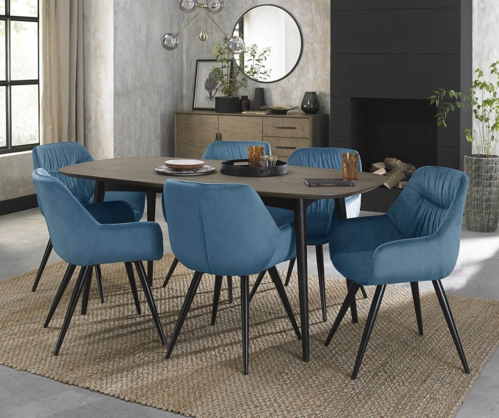 Bentley Designs Vintage 6 Seater Dining Table and 6 Dali Petrol Blue Velvet Fabric Chairs with Sand Black Legs
