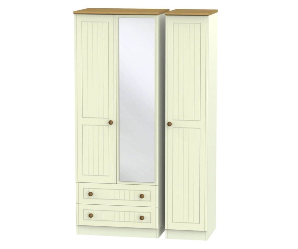 Welcome Furniture Warwick Cream and Oak Triple Wardrobe - Tall with 2 Drawer and Mirror