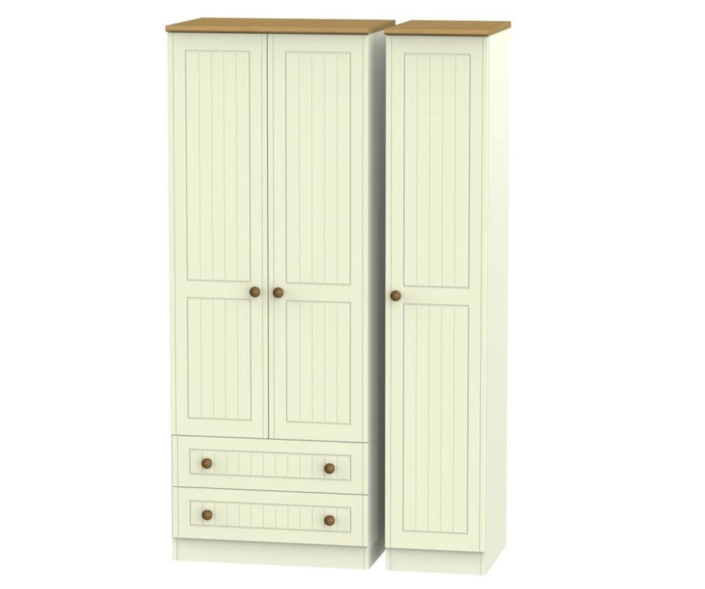 Welcome Furniture Warwick Cream and Oak Triple Wardrobe - Tall with 2 Drawer