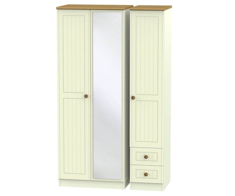 Welcome Furniture Warwick Cream and Oak Triple Wardrobe - Tall with Mirror and 2 Drawer