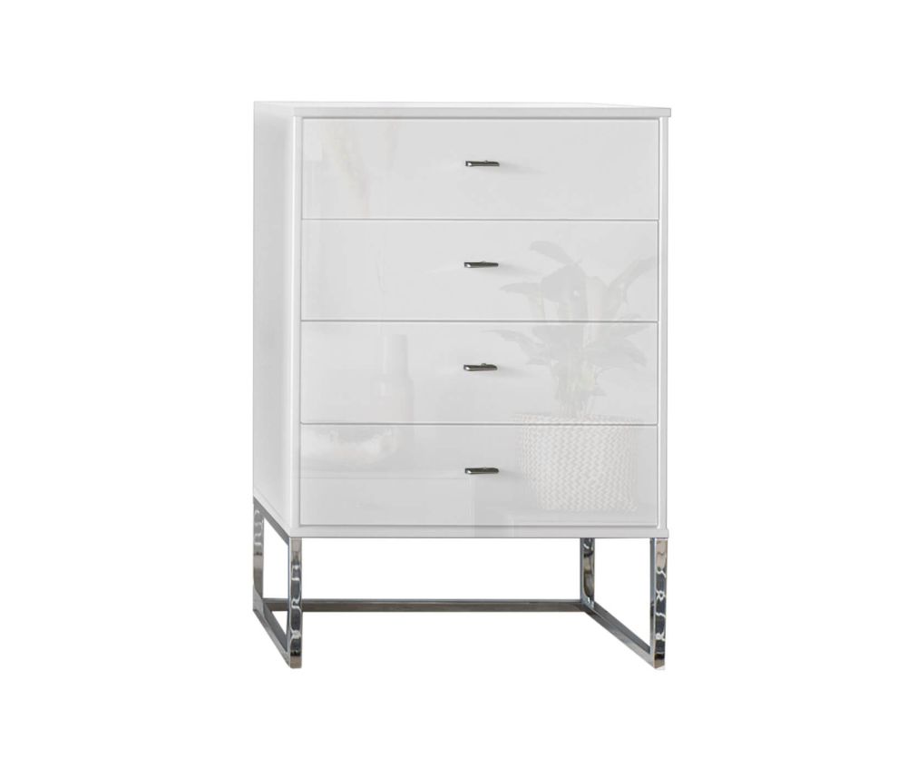 Wiemann Kansas Large 3 Drawer Bedside Cabinet with White Glass Drawer and Chrome Angled Feet - H 81cm