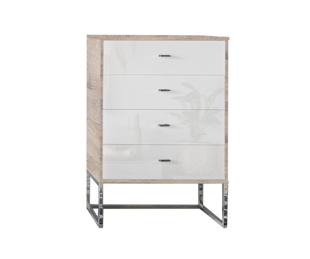 Wiemann Kansas 5 Drawer Chest with White Glass Front and Chrome Angled Feet - W 60cm